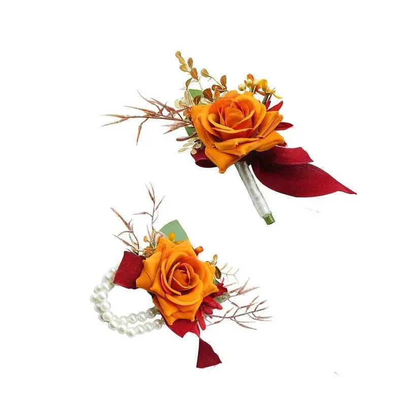 1 Wrist Corsage & 1 Boutonniere Burnt Or