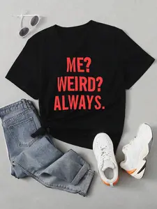 Women's Casual Basic Solid Color T-Shirt, Simple English Pattern Print, Round Neck Short Sleeve, Comfortable Everyday Wear Top