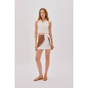 Eliza Cappuccino and Ecru Linen Wrap Mini Skirt