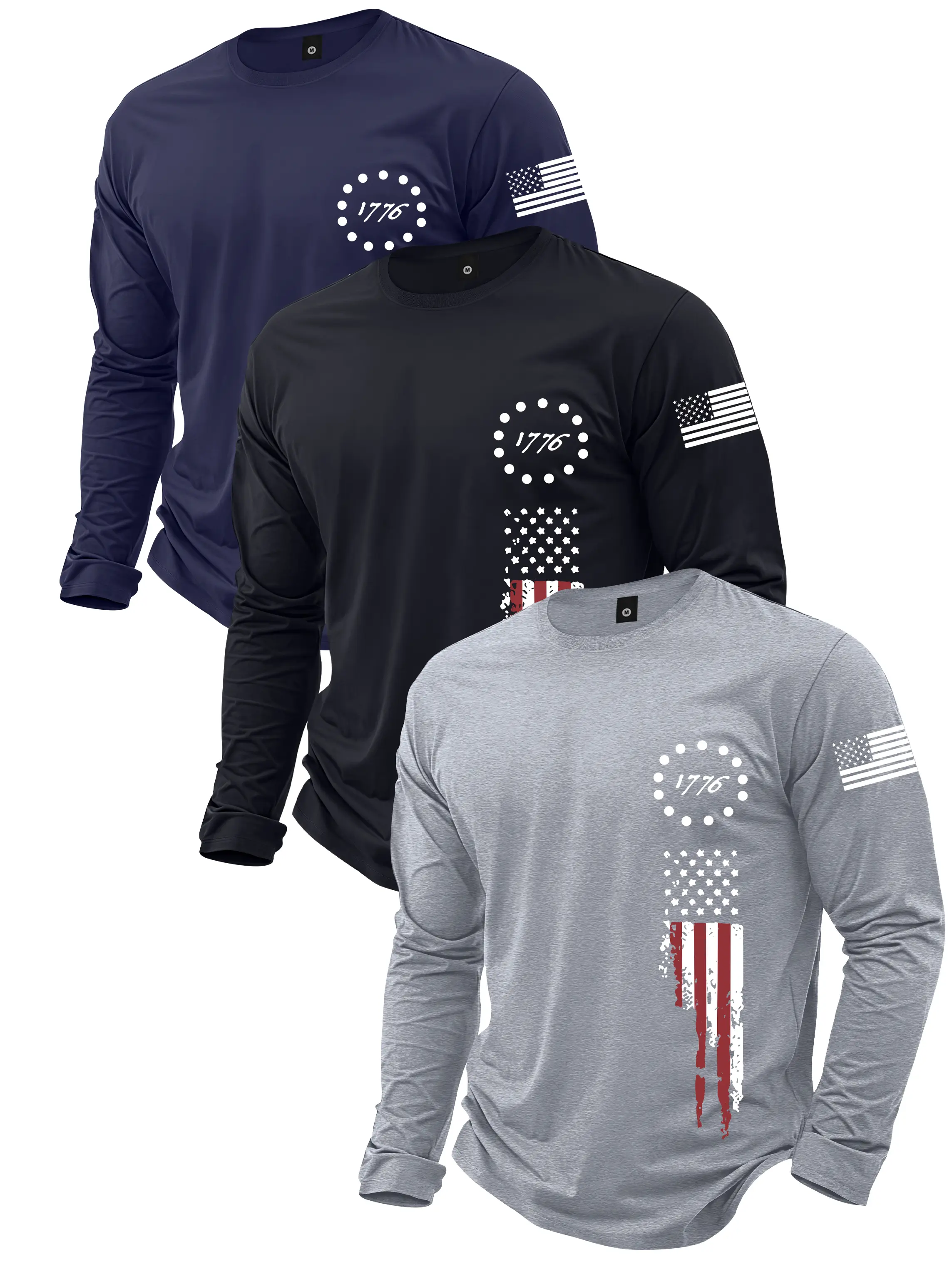 3pcs Men's Spring Autumn T-Shirt Set Long Sleeve American Flag Printed Patriotic Thin Tee Fashionable Versatile Basic Casual Round Neck Top for Daily Workout Street Style
