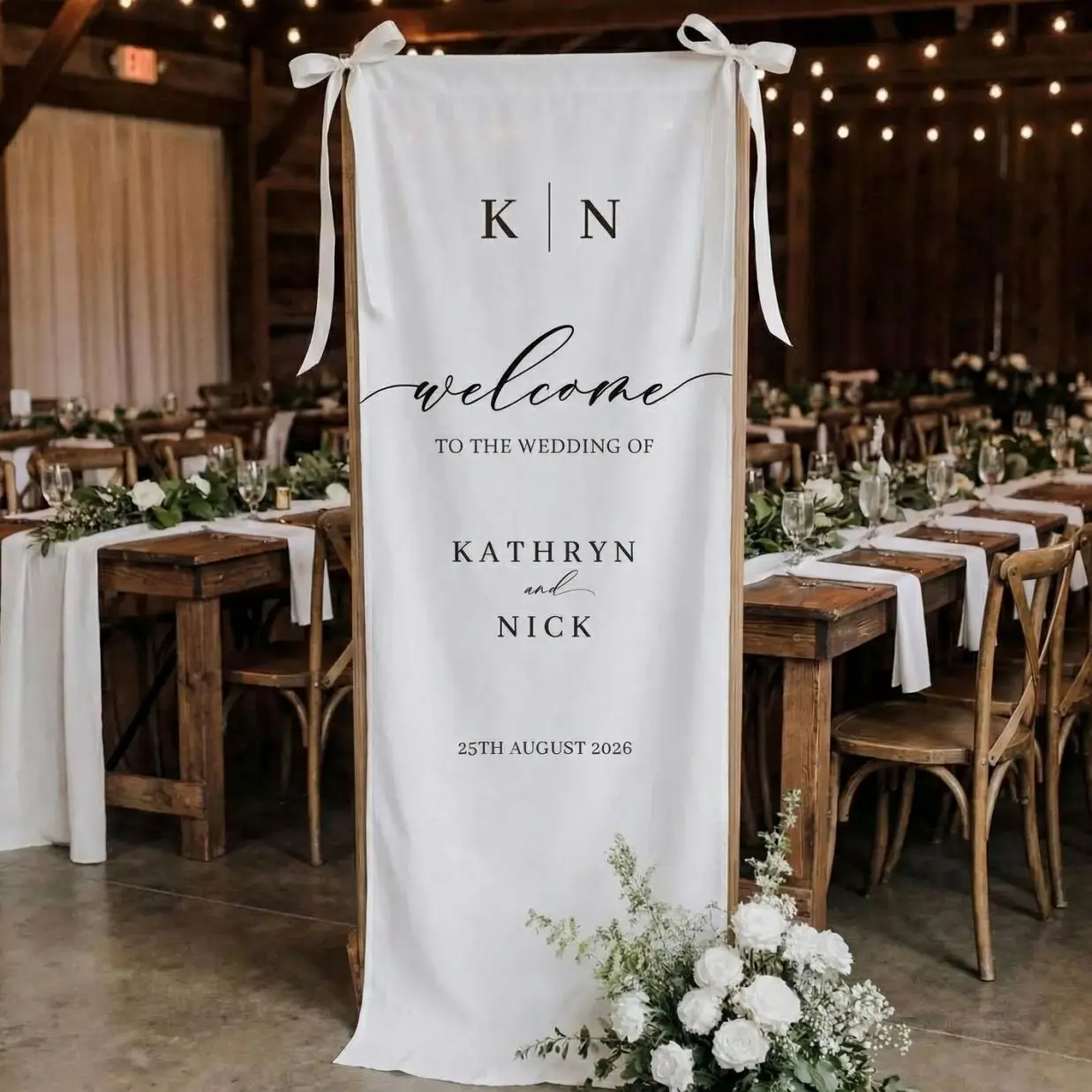 Custom Wedding Welcome Sign | Vertical Fabric Wedding Banner | Personalized Names & Date Backdrop | Rustic Outdoor Ceremony Decor