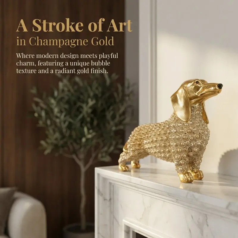 Golden Dachshund Resin Sculpture, Playful Sausage Dog Statue, Modern Design, Luxury Home Office Decor, Pet Lover Gift, Unique Desk Ornament, Home Ornaments