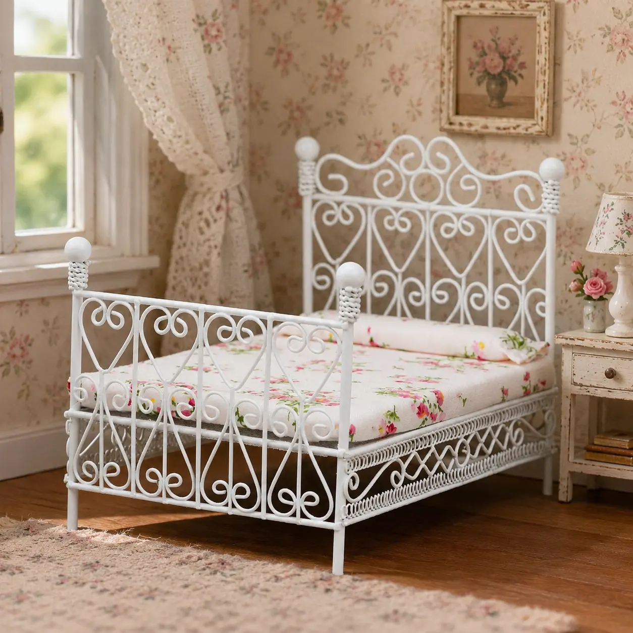 1:12 Miniature White Iron Bed Dollhouse Bedroom Furniture with Floral Mattress