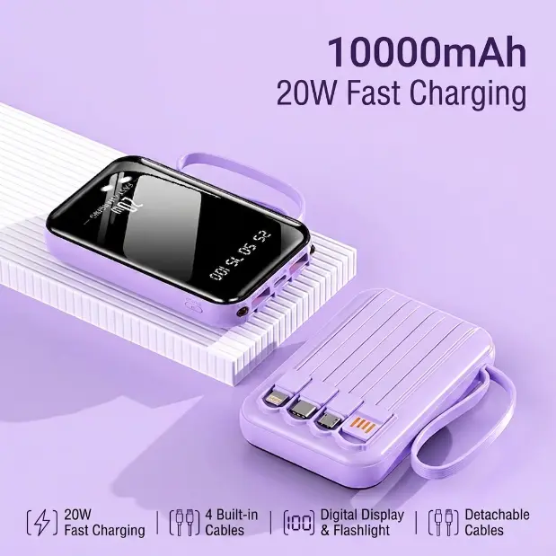 10000mAh Portable Charger 20W Fast Charging with 4 Built-in Cables, Smart Digital Display & Flashlight - For Travel, Office & Daily Commute Portable Backup Black#TikTokShopBackToSchool