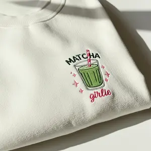 Matcha Girlie Embroidered Sweatshirt | Coquette Aesthetic Green Tea Crewneck | Cute Y2K Retro Pullover Gift for Matcha Lovers