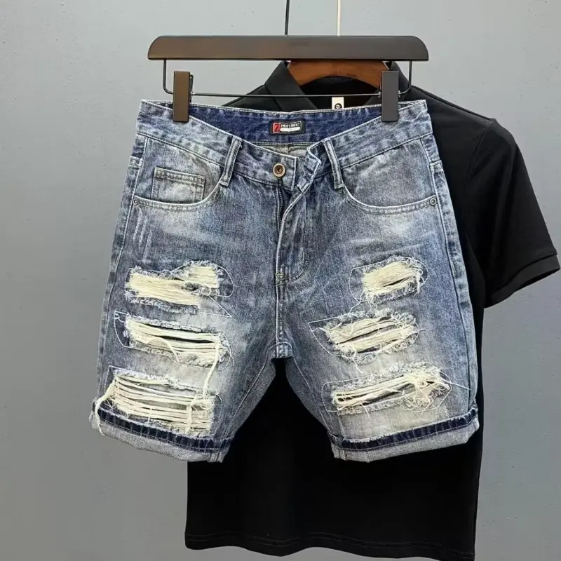pocket athletic sweat Summer Men's Brand Side Denim Shorts Scraped Torn 5 Points Men Loose Elastic Waist Jeans Pants Menswear Trouser pocket short