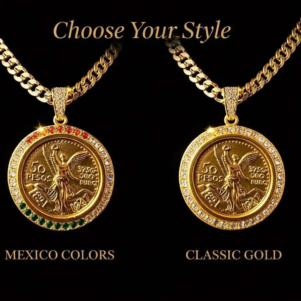 14K Gold Plated 50 Pesos 1.5"/38mm Pendant Centenario Upgraded Cuban Centenary Fashion Chain Unisex Jewelry Mexican Heritage