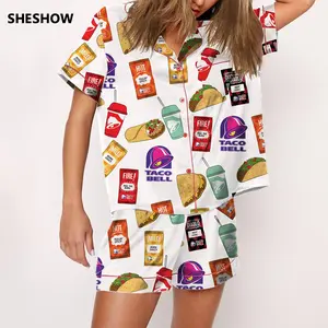 Taco Bell Satin Pajama Set Women, Fast Food Inspired Sleepwear, Silky Short Sleeve Lounge Outfit, Trendy Gift Idea