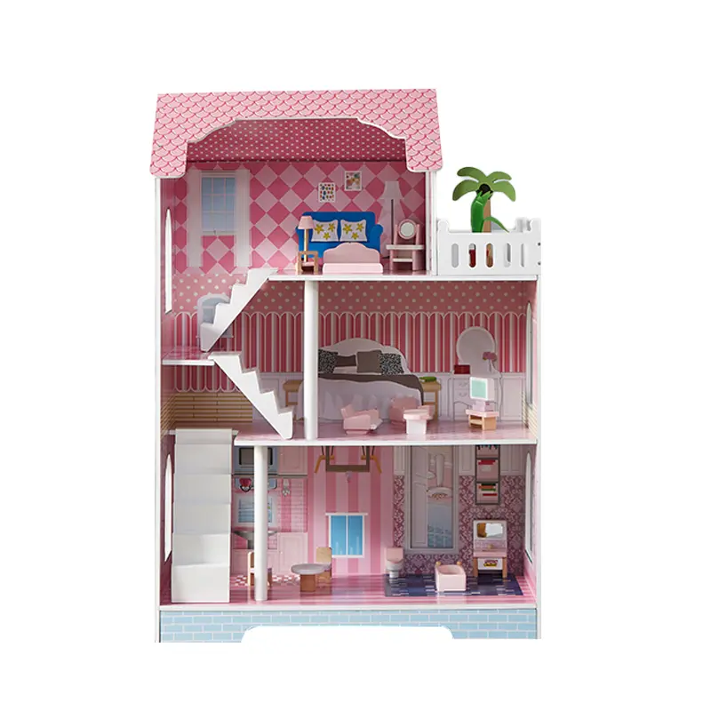 Pink 3-Story Engineered Wood Dollhouse Dream Villa Playset for Toddler Girls (3+ Years) - BPA-Free, with Furniture Accessories, Stairs, Balcony, ASTM F963 & CPC Certified, Science Learning Birthday Gift