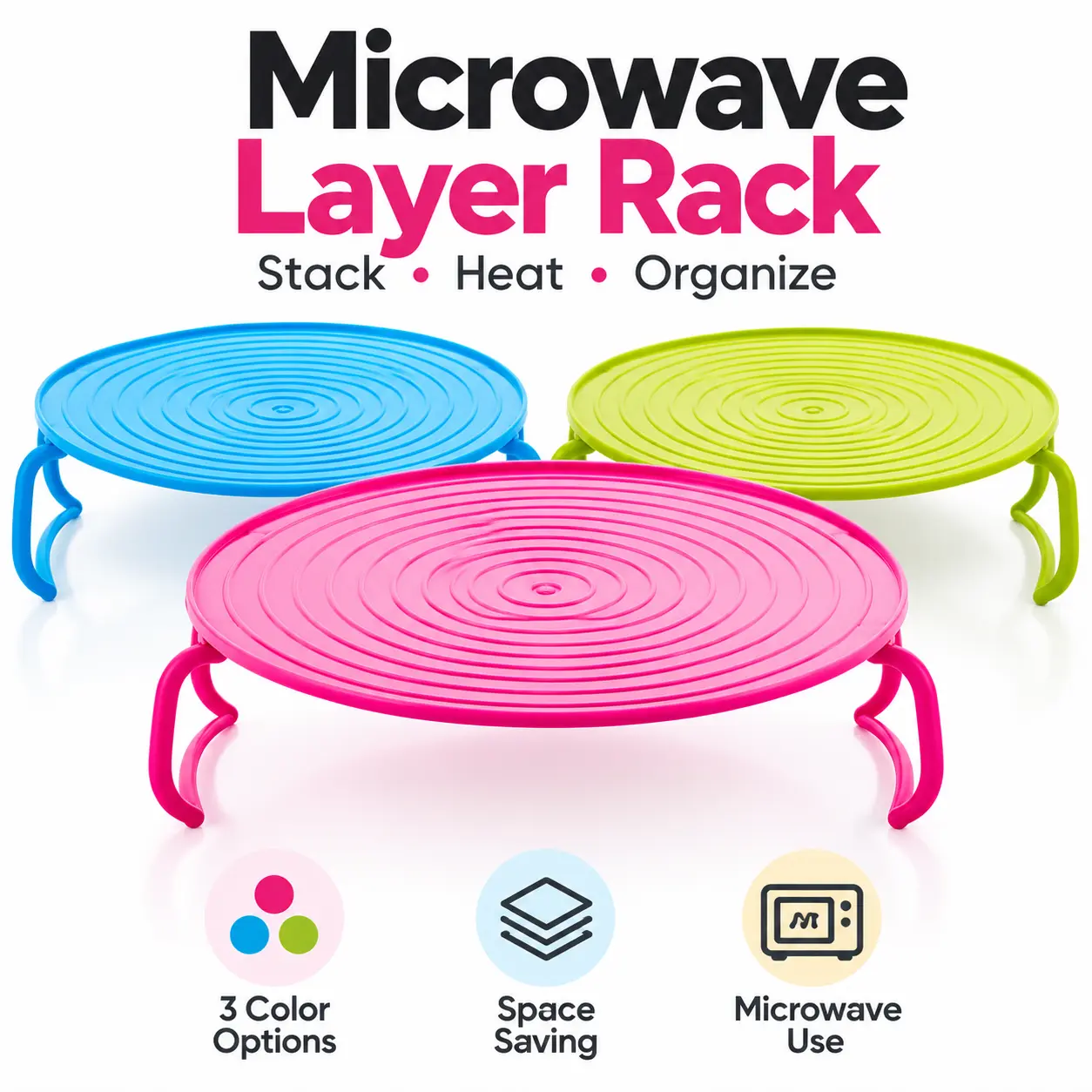 Multi functional microwave tray stacker, 3-in-1 plastic microwave tray rack, foldable handle food splash cover, food tray, suitable for bowls and plates