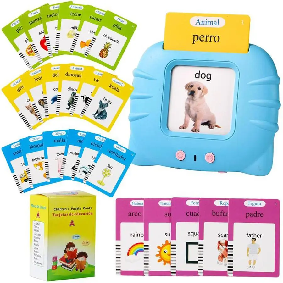 Spanish and English Talking Flash Card, Bilingual Instruction Cards, 1 Set Learning Tool, Pocket Speech Training, Educational Tools, Gift for Boys & Girls, Talking Flashcards