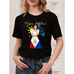 Philippines Pinay Filipina Pride Flag Filipino Print T-Shirt, Short Sleeve Crew Neck Casual Top for Summer & Spring, Women'S Clothing