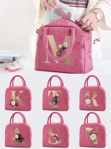 Floral & Letter Pattern Lunch Bag, Gifts for Her, 1 Count Durable Insulated Lunch Bag, Lightweight Thermal Food Container, Reusable Canvas Handbag for Students, Kitchen Organization, Mother's Day Gift