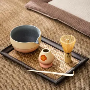 Matcha Whisk Set Ceramic Matcha Set Includes Matcha Bowl with Spout Bamboo Whisk with Ceramic Holder Bamboo Scoop and Sifter 5 PCS Japanese Tea Set for Ceremony Gift for Matcha Lovers (Pink)