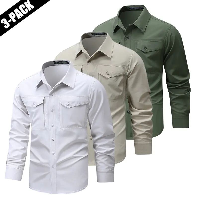 3-pack men’s sun-protective long-sleeve fishing shirts for casual travel and work, featuring stretch fabric, zippered pockets, button closure, outdoor wear, and underarm ventilation holes