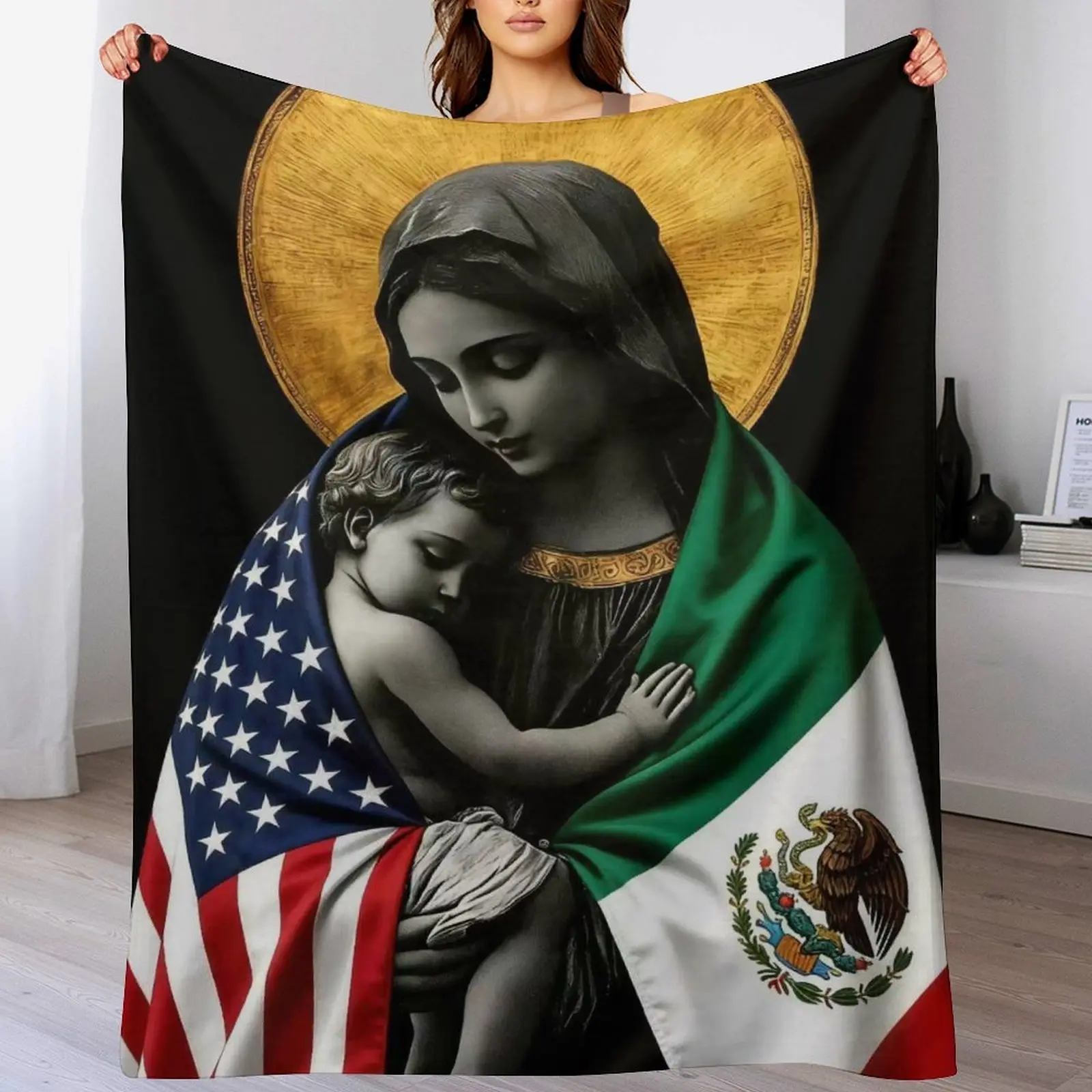Virgin Mary Flannel Blanket  American and Mexican flag Warm Thick Blanket for Winter,Soft Flannel Throw Blanket,Religious Decor Throw for Church & Home Use,Catholic Faith Inspirational Gift Blanket
