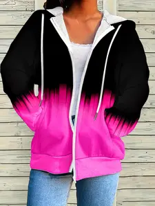 【Plus Size】 Ombre Print Drawstring Zip Up Hooded Jacket, Casual Long Sleeve Pocket Hooded Jacket for Fall & Winter, Women's Clothes for Daily Wear