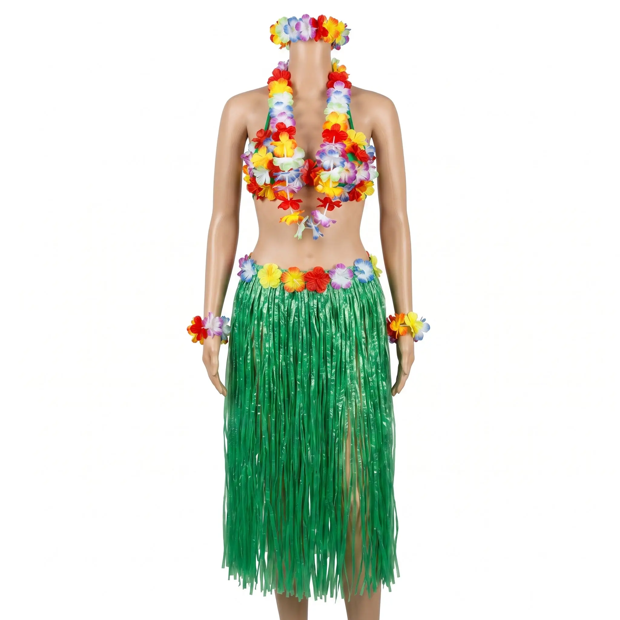 Adult Hula Skirt Kit with Bra, Lei, and Wristlets - Green & Multicolor