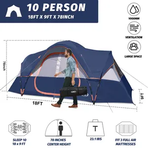 UNP Camping Tent 10-Person-Family Tents, Parties, Music Festival Tent, Big, Easy Up, 5 Large Mesh Windows, Double Layer, 2 Room, Waterproof, Weather Resistant, 18ft x 9ft x78in essentials quick setup inflatable father day