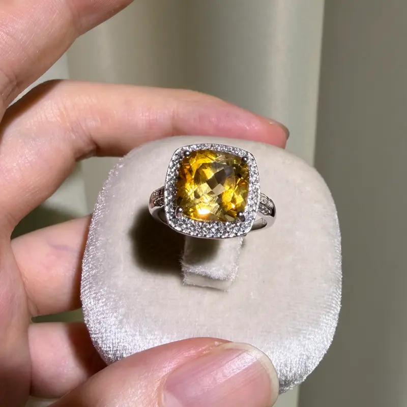 Women's S925 Sterling Silver Engagement Ring - Natural Citrine Gemstone (10*10mm), Adjustable Size, High-Quality Setting, Elegant Luxury Jewelry for Wedding & Valentine's Day Gifts, Daily/Party Wear