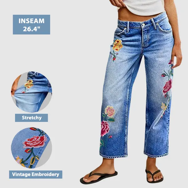 Flamingals Wash Floral Embroidery Mid Rise Straight Leg Jeans Womenswear Stretchy 26.4" Inseam