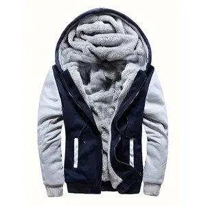 Men's Warm Fleece Hooded Jacket, Casual Color Block Jacket Coat For Fall Winter
