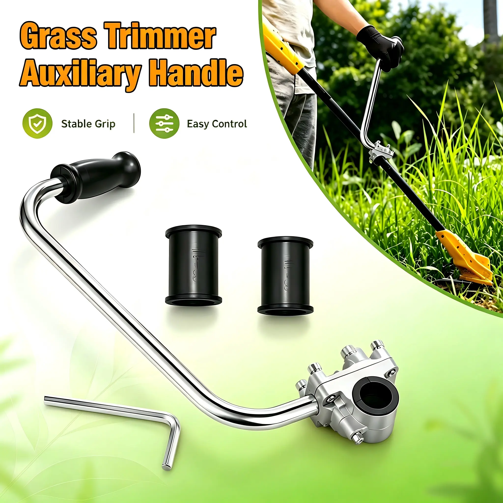 Universal Grass Trimmer Auxiliary Handle Kit for DIY Users - Ergonomic Curved Grip, Secure Clamp, 2-Size Adapter Sleeves, Hex Wrench, Shaft Angle Adjustment, Heavy-Duty Home Garden Yard Edging Accessory, Two Size Adapters