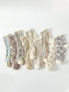 Women's 9 Pairs Ditsy Floral Print Crew Socks with 3d Textured Design, Casual Comfortable Breathable Medium Lady Socks for Daily Wear, Multipack Knit Socks for All Seasons