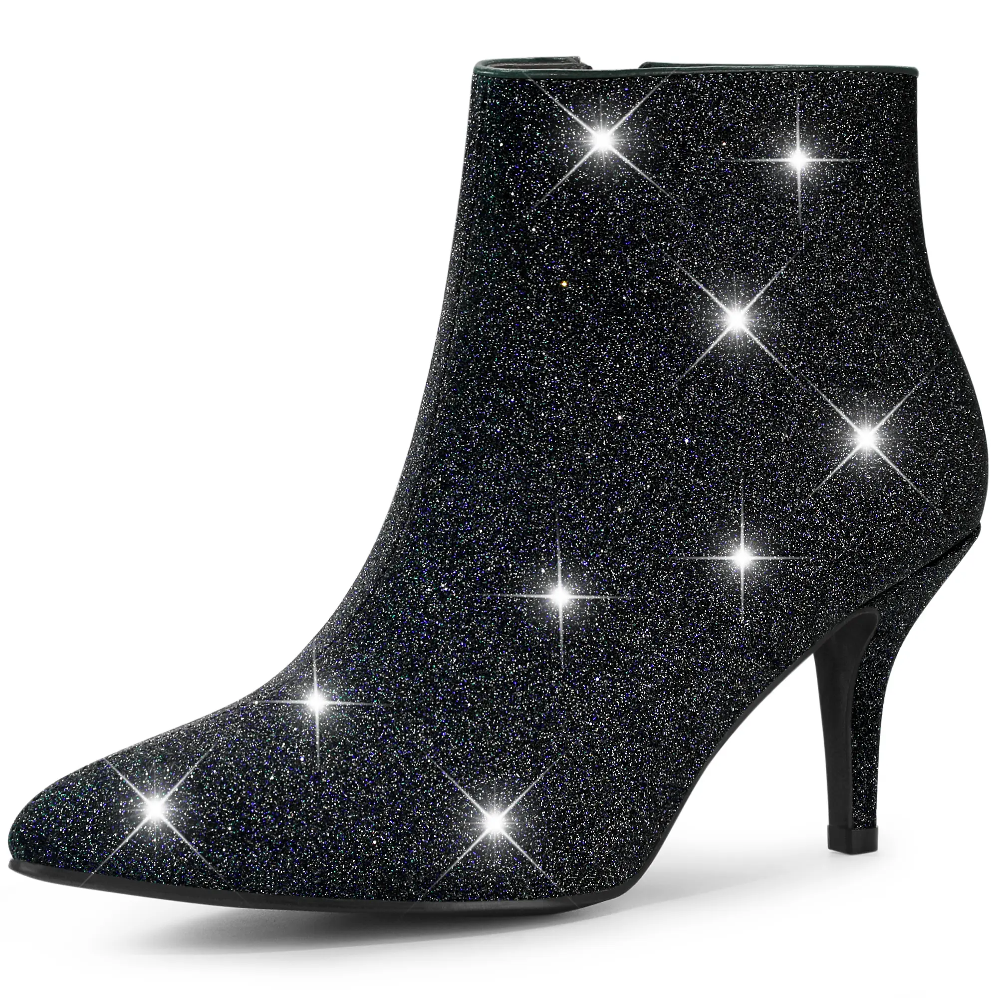 BLISSFUL STEP Women's Glitter Pointed Toe Stiletto Heel Ankle Boots