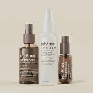 Enhanse Skin Routine, Super Clean Face Mist, Enhansed Under Eye Gel, & Jet Set Face Self Tanner Spray for Men & Women