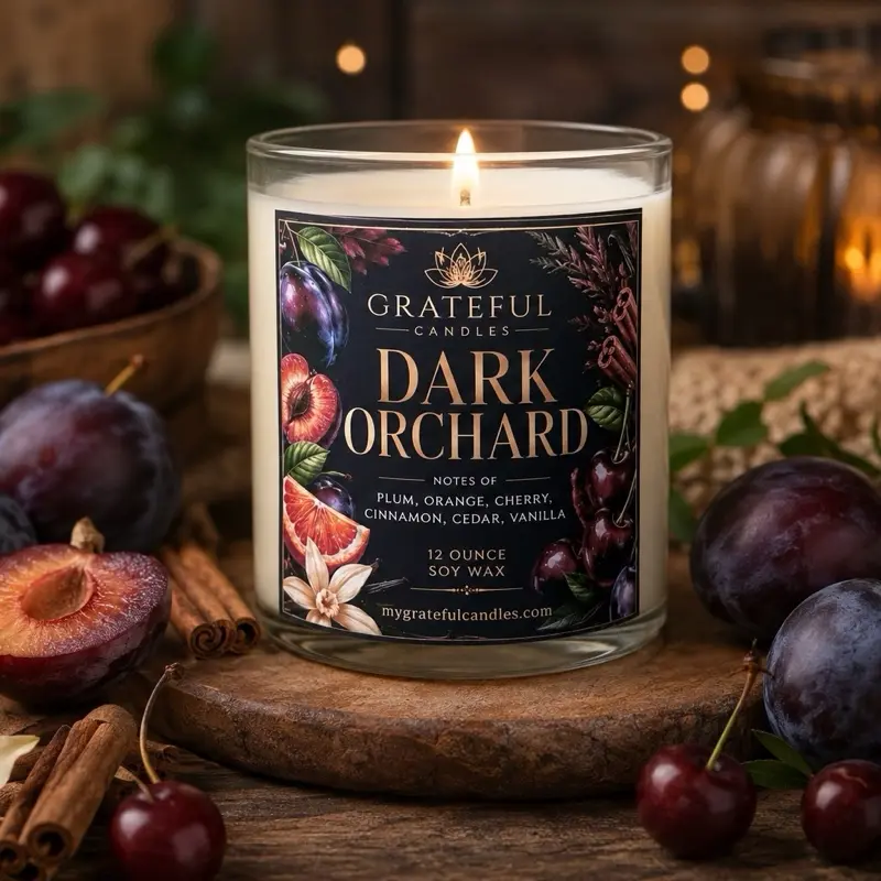 Grateful Candles Dark Orchard 12 oz Soy Wax Candle - Fruity Woody Scent with Ripened Plums Cherries Oranges & Warm Woods for Cozy Atmosphere