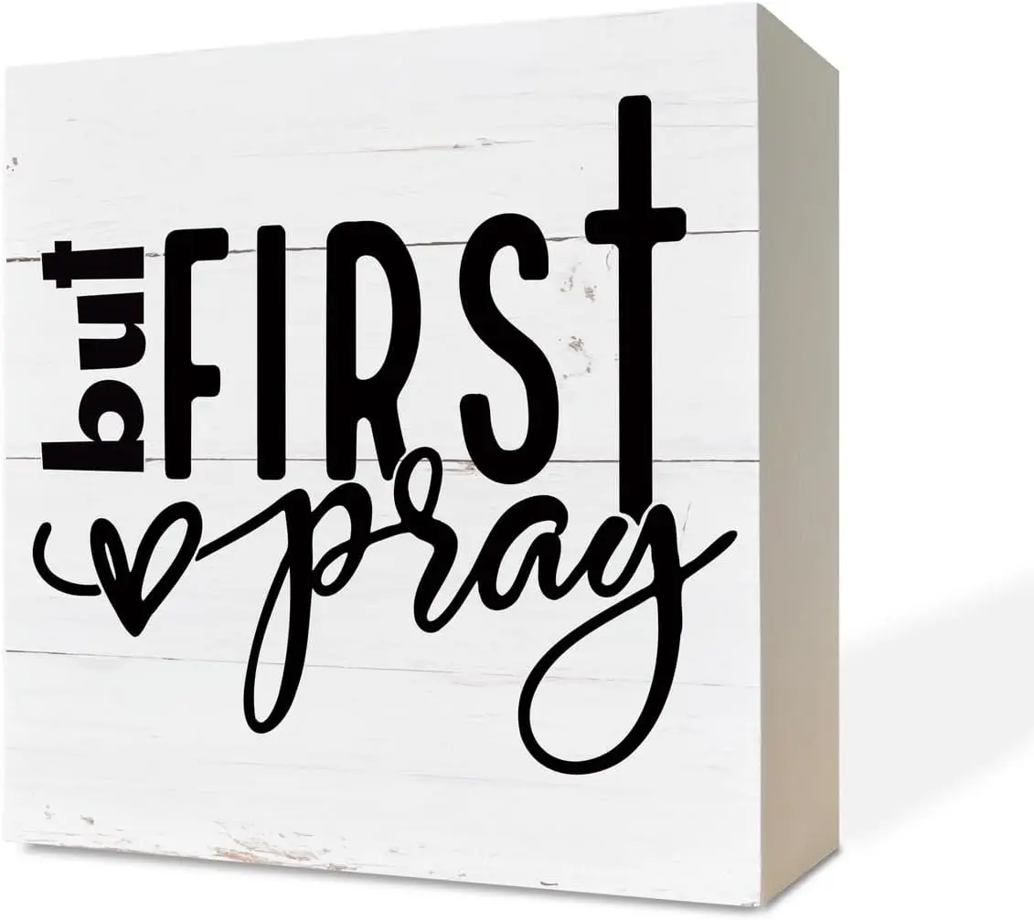 Christian Wood Signs, But First Pray, Box Sign Decor Tabletop, Rustic Wood Block Plaque, Decorative Table Sign, Christian Home Decor, Farmhouse Decoration for Shelf, Rustic Christian Décor