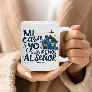 MI Casa Yo Al Senior - Classic Spanish Bible Quote Jesue 24 15 Coffee Mug with Blue Church Pattern, 11Oz Ceramic Family Mug Cups Ideal Gift Perfect for Home Kitchen for Men, Women, Believers, Christians, Prayers