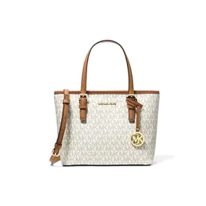 MICHAEL KORS MK Jet Set Monogram Leather Tote Bag For Women In White And Brown Stylish Work Bag Fashionable Tote Bag