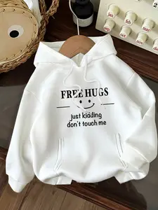 Girls' casual drawstring pocket hoodie, FREE HUGS, just kidding don't touch me print, combining comfort and fashion, easy to match with any outfit, essential wardrobe addition, Graphic casual hoodie
