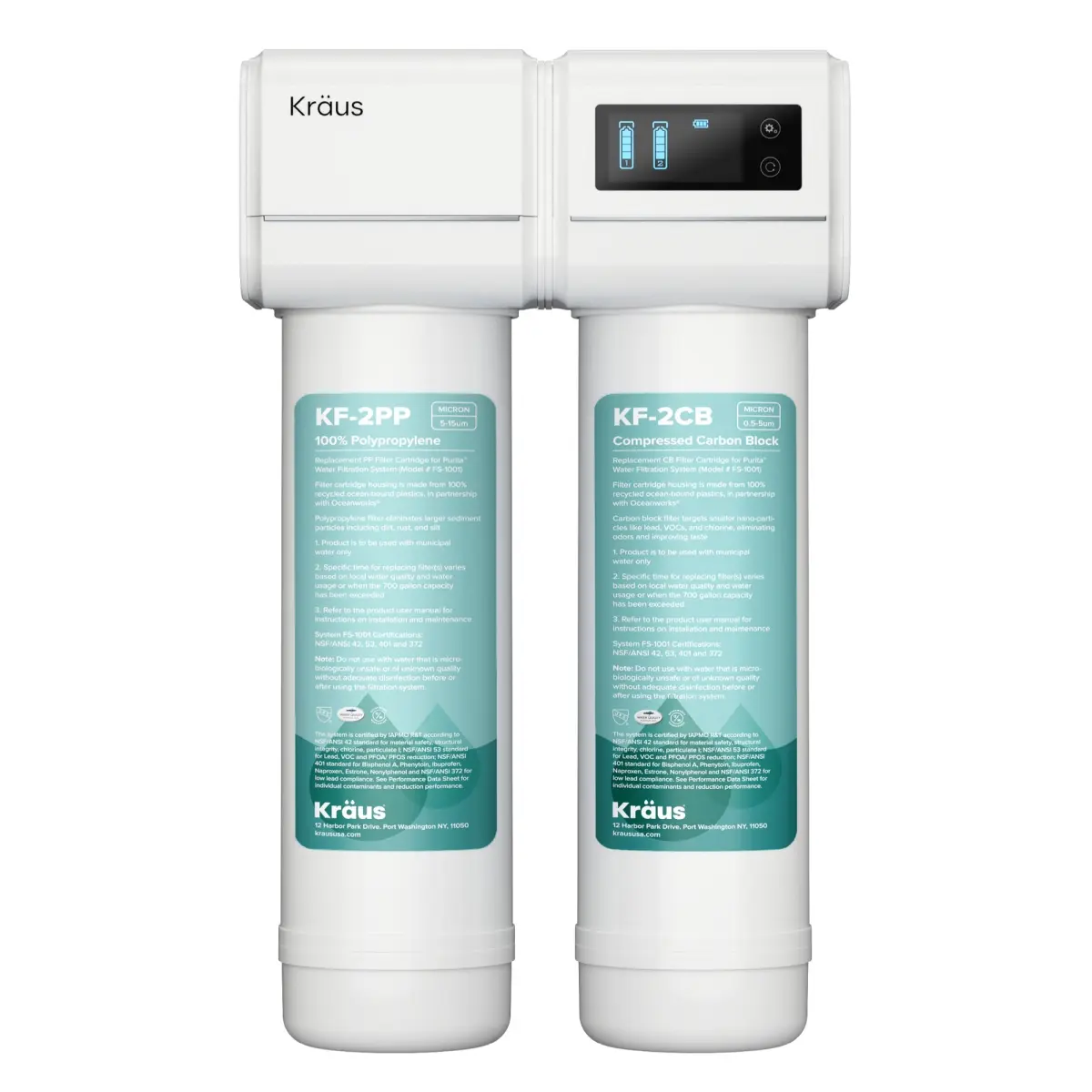 212 MAIN Kraus Purita 2-Stage Under Sink Water Filtration System, Compact 2-Stage Filter, Digital Display Monitor, Contaminant Removal, Recycled Plastic Construction, Batteries, Activated Carbon, 9 1/2" L X 4 7/8" W X 15 1/2" H