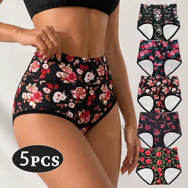 5 Pack Women High Waist Printed Panties, Soft Breathable Full Coverage Hip Briefs Comfort Healthy Daily Underwear