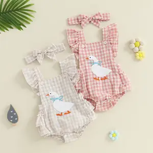 Baby Girl Gingham Silly Goose Embroidery Plaid Ruffle Sleeveless Bubble Romper Onesie Bodysuit Newborn Country Farm Summer Clothes