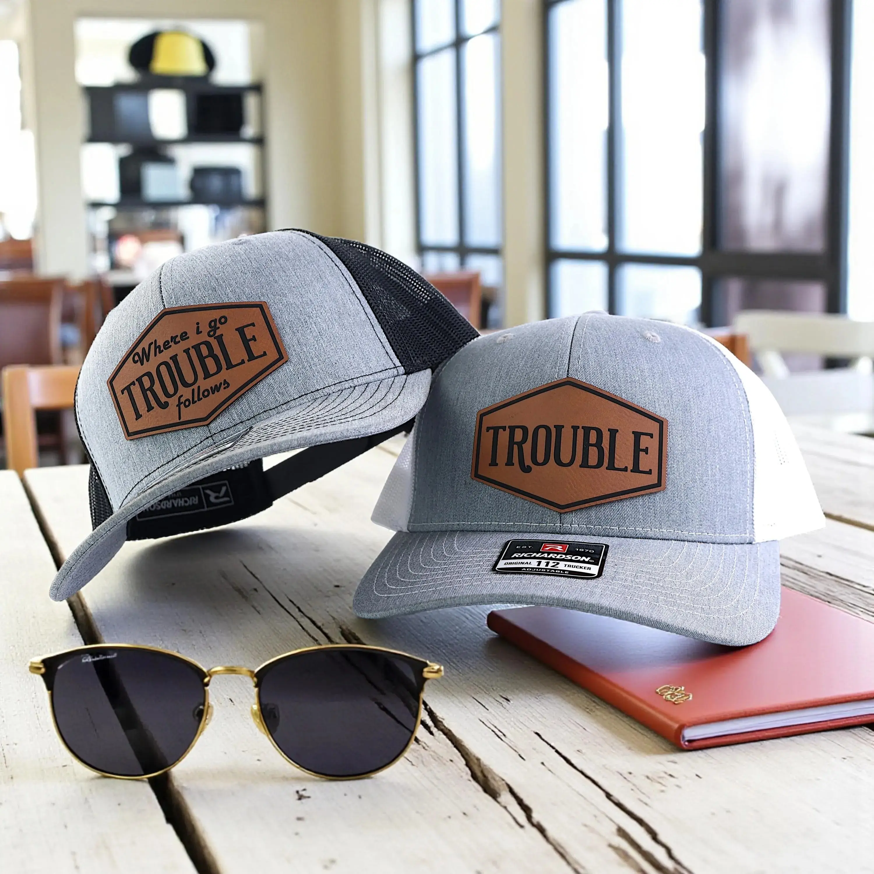 Where I go Trouble Follows Matching Hat, Couples Hat Set, Richardson 112 Hats, Leather Patch Cap, Gift for Him, Funny Couple Gift