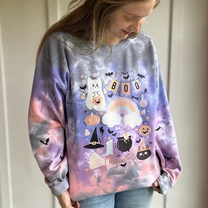 made to order Batty boo cat ghost Halloween Tiedye Cotton Casual Crewneck Sweatshirt for Women's Wear Tops