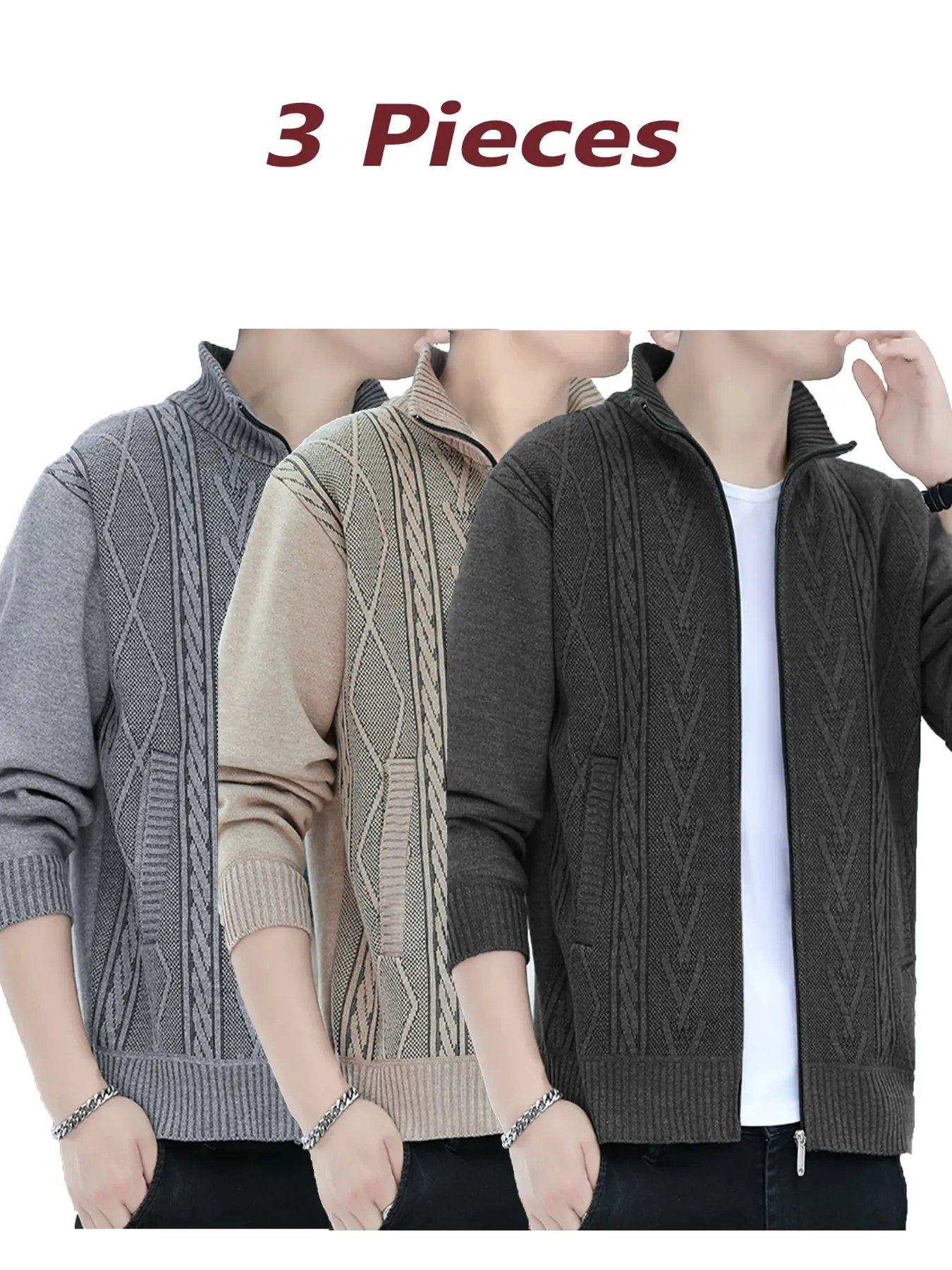 3-Pack Men's Stand Collar Zipper Knit Sweater, Anti-Pilling Fabric, Warm and Comfortable, Classic Houndstooth Pattern, Business & Casual Style