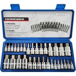 32 count Allen Socket Set, 1/4", 3/8", & 1/2" Drives Hex Bit Socket Set, Include Complete SAE and Metric Size Socket Set, S2 & Cr-V Steel and Enhanced Storage Case