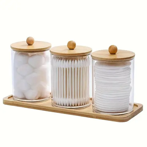 Cotton Swab Storage Bottles with Wooden Lid, Toothpick Storage Bottle with Tray, Bathroom Containers Dispenser, Floss Organizer Plastic Canisters, Home Storage Organizer Container Set, Organiser Container
