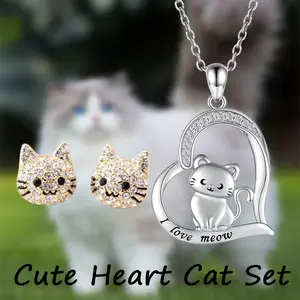 3 Pcs/Set Exquisite Creative Cute Cat Heart Shaped Alloy Pendant Necklace Earrings Jewelry Gift Set For Her Elegant Design, Perfect For Theme Parties, Music Festivals, Birthdays, Christmas, Valentine'S Day Surprises, Anniversaries, Daily Chic Accessories