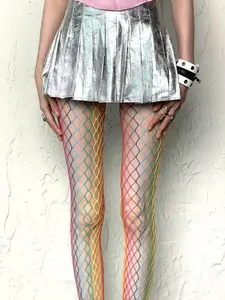 Women's Sexy Colorful Fishnet Mesh Stockings Tights, Rainbow Grid Patchwork Design, Perfect for Autumn Spring Summer, Trendy Fashion Accessories
