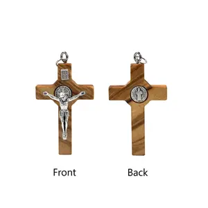 Wooden crucifix with oxidized silver Corpus and Saint Benedict medal 2.0"