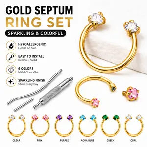 16G Hypoallergenic Stainless Steel Gold Septum Ring Set - Horseshoe Nose Rings with 6-Color CZ Gem Screw-In Design, Insertion Tool, 6mm/7mm/8mm Sizes, Y2K Style Body Jewelry for Women