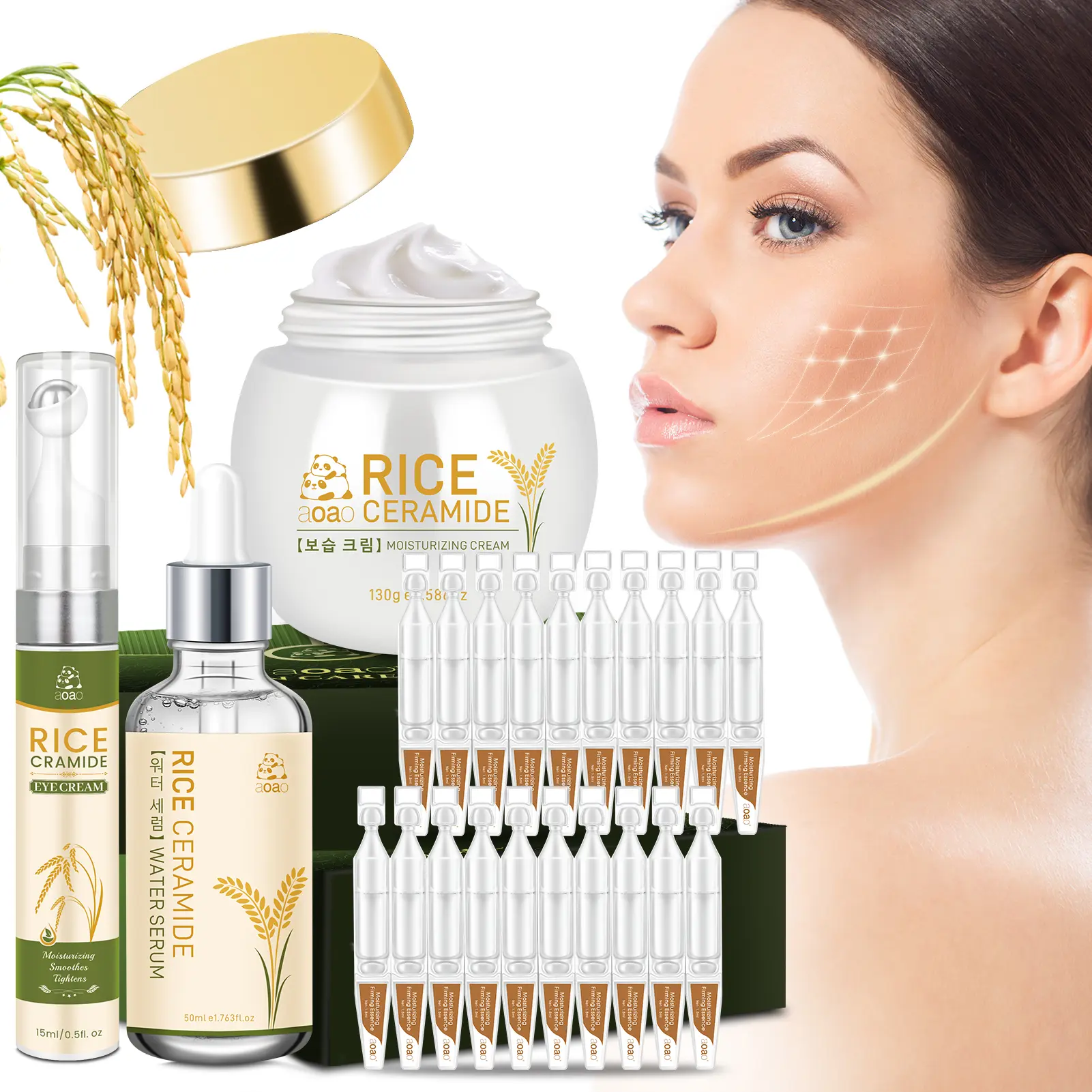 AOAO Rice Ceramide Skincare Set - Daily Hydrate & Brighten Routine with Serum, Moisturizer, Repair Cream & Eye Care for Dewy Skin, Nourishing, Skin Repair, Dry, Glycerin, Sensitive, Barrier Repair