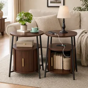 【Deals for You Days】DHH nightstand sets of 2 Smart Nightstand with Power Outlets & Type-C, 2-Tier Fluted Side Table with Hidden Storage, Mid-Century Modern Round Bedside Table for Living Room （Walnut sets of 1）