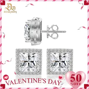 Delzzad 14K Gold-Plated Princess Halo Stud Earrings Lab-Created Moissanite Stud Earring S925 Sterling Silver Moissanite Jewelry Perfect Birthday Mother’s Day Christmas Gift for Men Women Wedding Set
